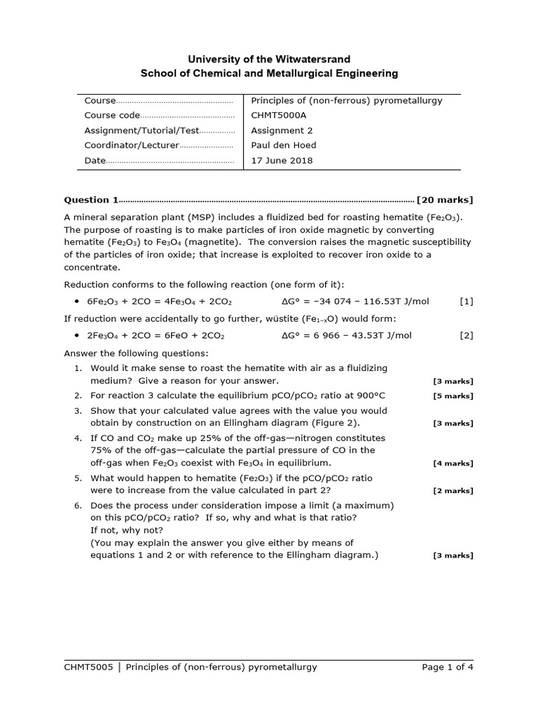 Assignment 20180617, CHMT5005, Principles of Pyrometallurgy | PDF ...