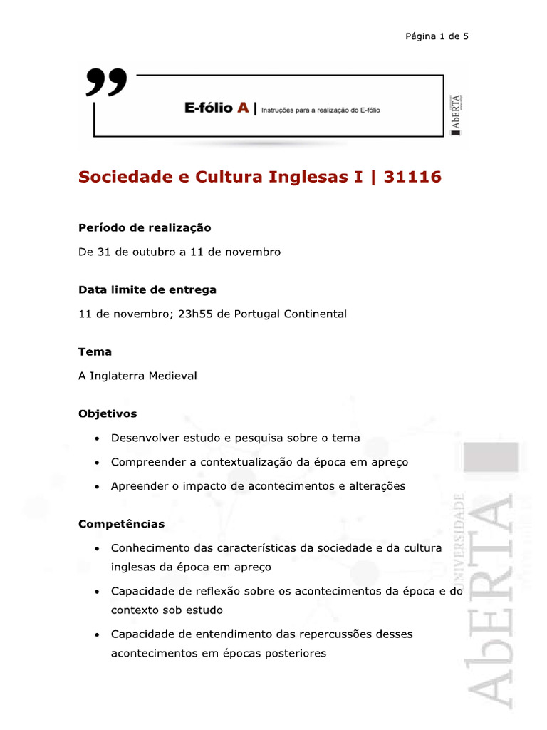 Sociedade e Cultura Inglesas I 31116 Efolio A | PDF