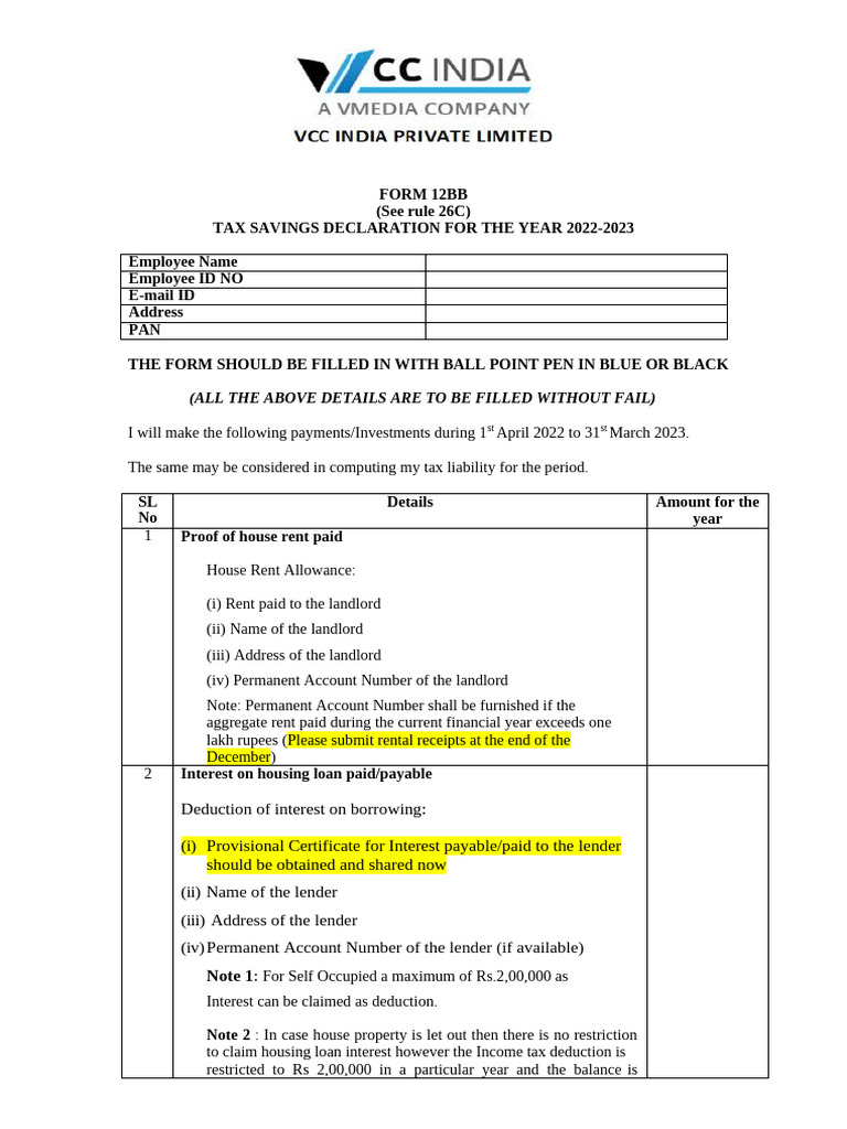 Tax Savings Declaration Form 12BB 2022-23 | PDF | Tax Deduction | Insurance