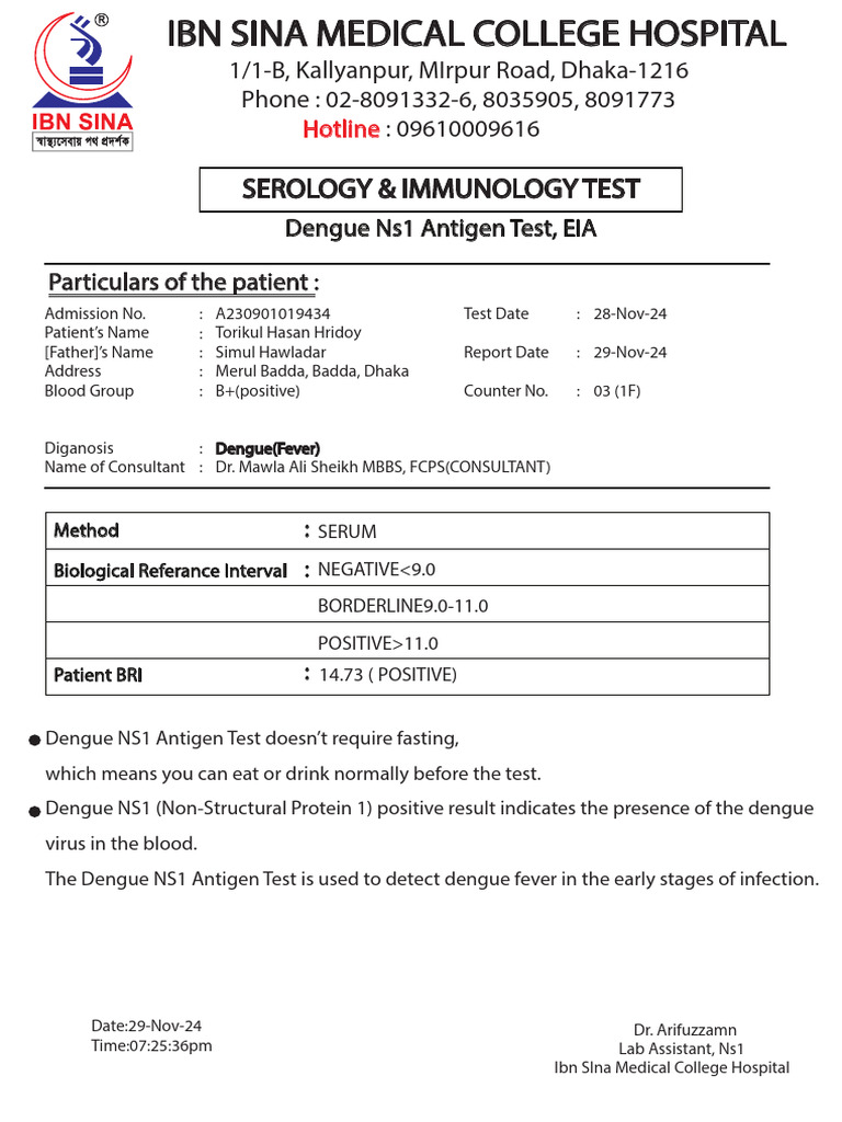 Dengue NS1 Test Report - Ibn Sina | PDF
