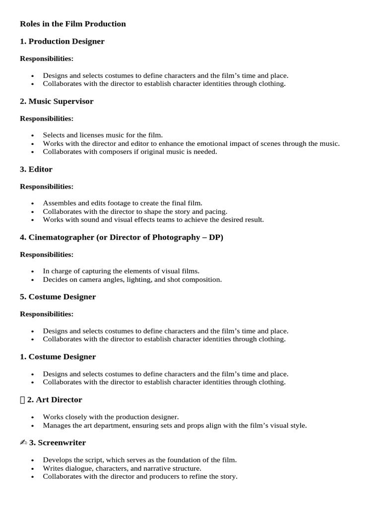 Roles In The Film Production Pdf Filmmaking Film Director