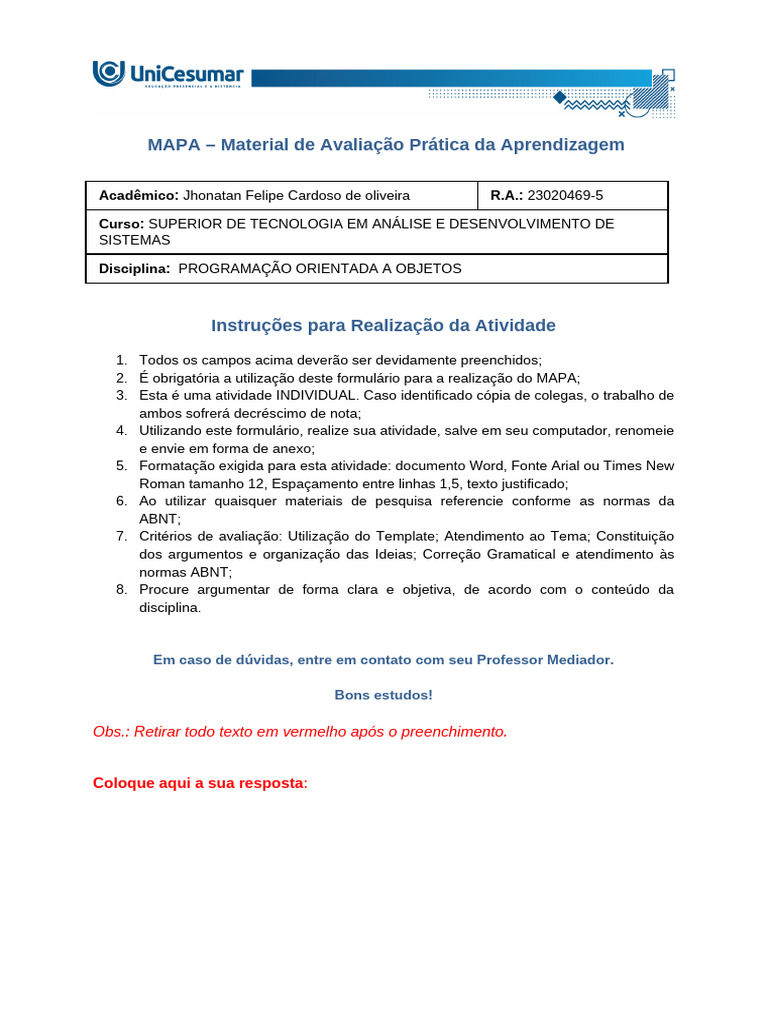 MAPA de Avaliação em Programação Orientada a Objetos | PDF | Classe ...
