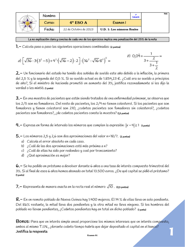 Examen de Matemáticas 4º ESO A | PDF
