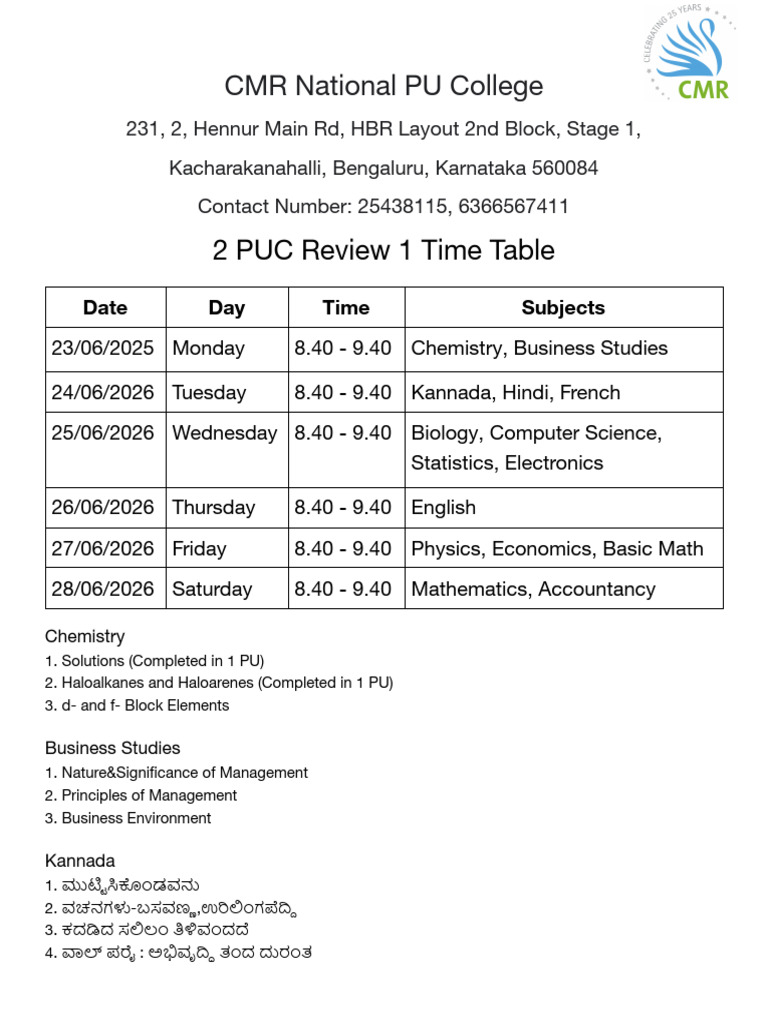 2 PUC Review 1 Time Table: CMR National PU College | PDF | Linguistics ...