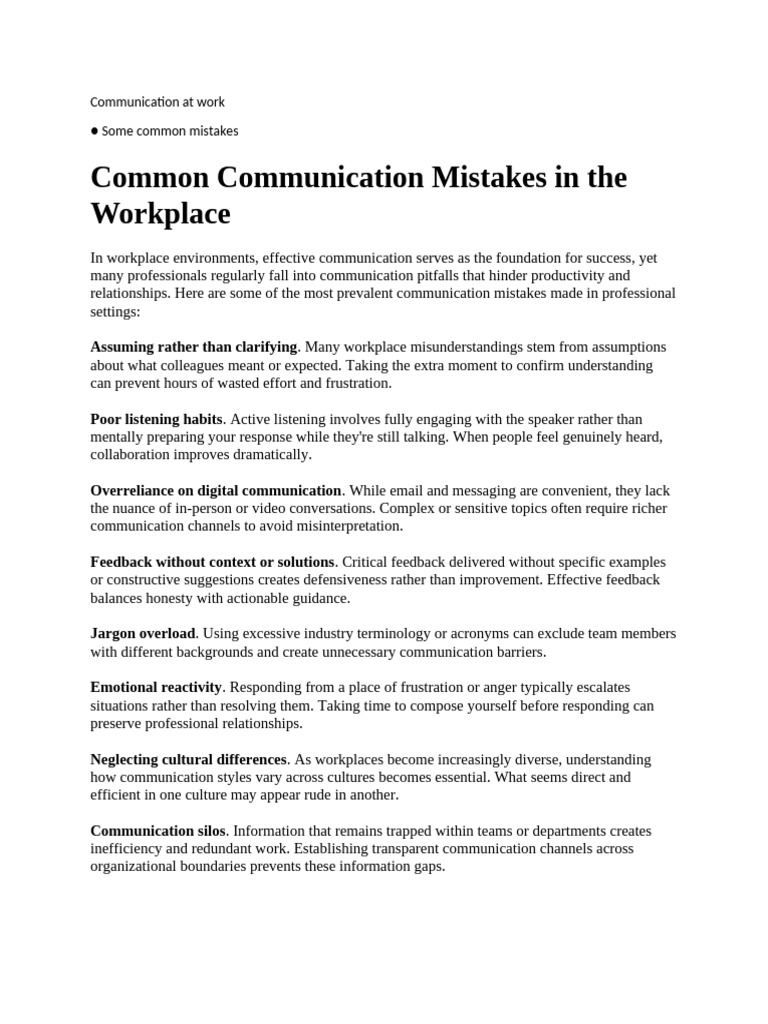 Common Workplace Communication Mistakes | PDF | Communication | Mindset