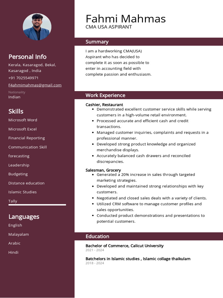CMA USA Aspirant with Retail Experience | PDF