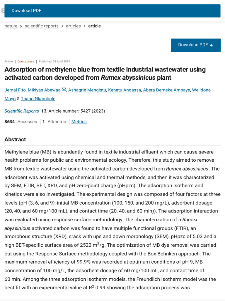 Activated Carbon for Textile Wastewater Treatment | PDF | Adsorption ...