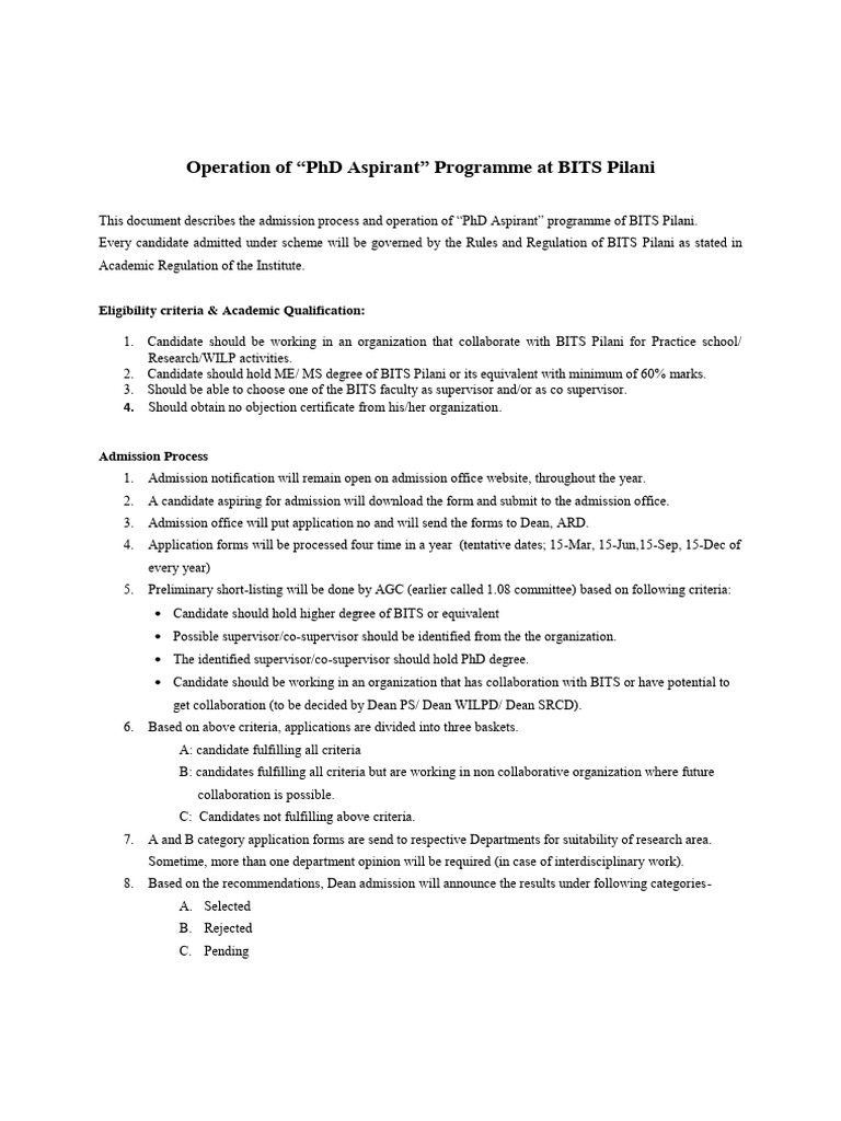BITS Pilani PhD Aspirant Program Guide | PDF | Thesis | Doctor Of ...