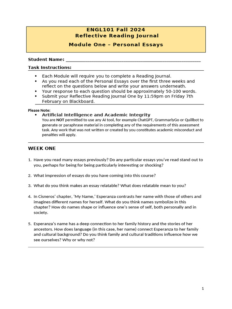 ENGL101 Reflective Reading Journal | PDF | Cognition
