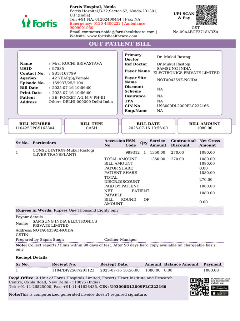 Consultation Bill for Dr. Mukul Rastogi | PDF | Receipt | Payments
