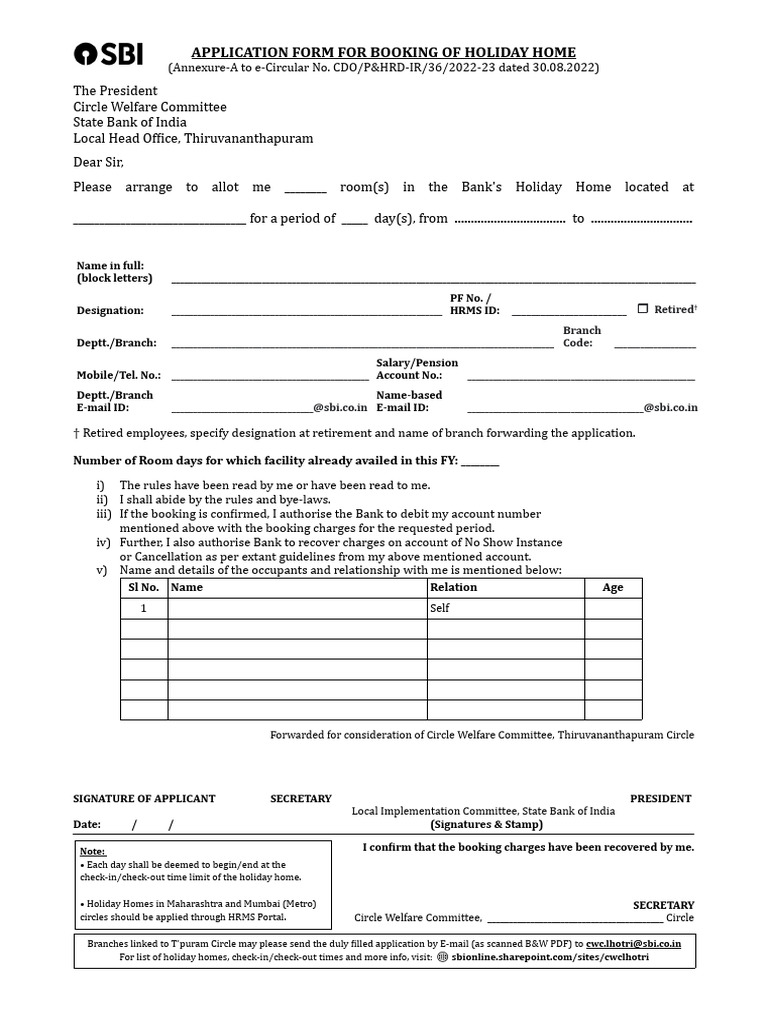 SBI Holiday Home Booking Application Form | PDF