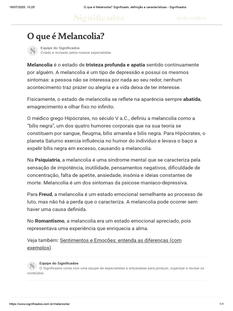 Definição e Significado de Melancolia | PDF