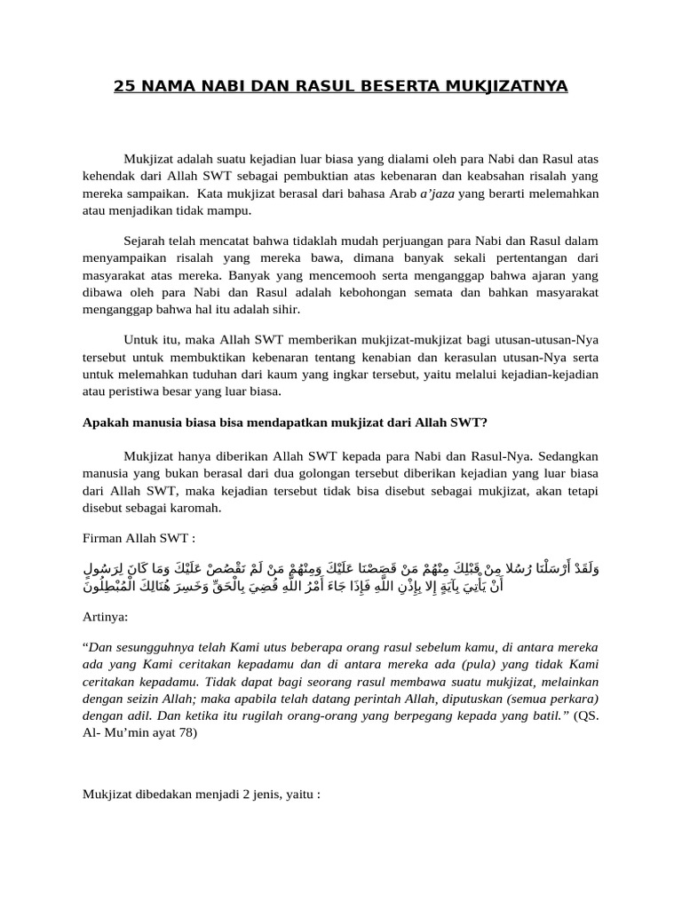 Mukjizat 25 Nabi dan Rasul Allah | PDF