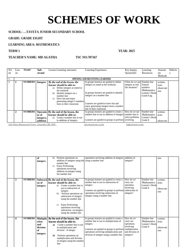 Grade 8 Mathematics Term 1 Plan | PDF | Multiplication | Decimal