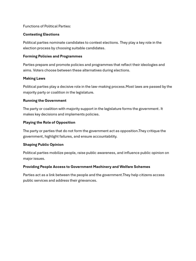 Functions of Political Parties Explained | PDF