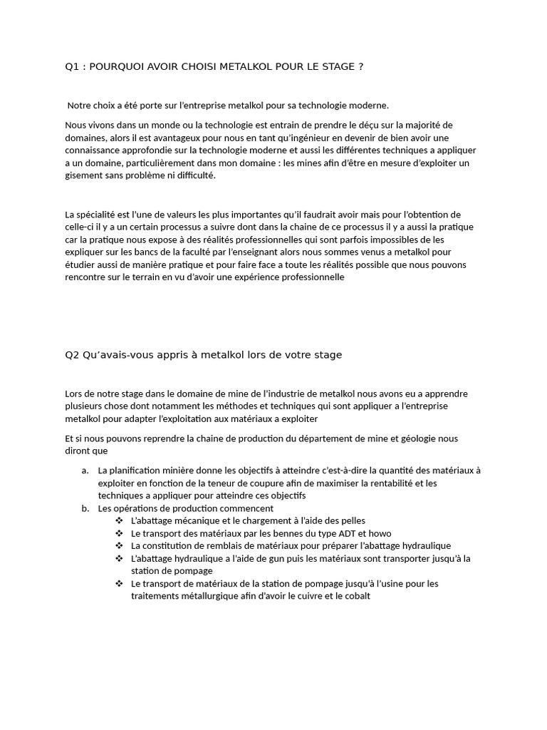 Stage à Metalkol : Apprentissage et Suggestions | PDF | Exploitation ...
