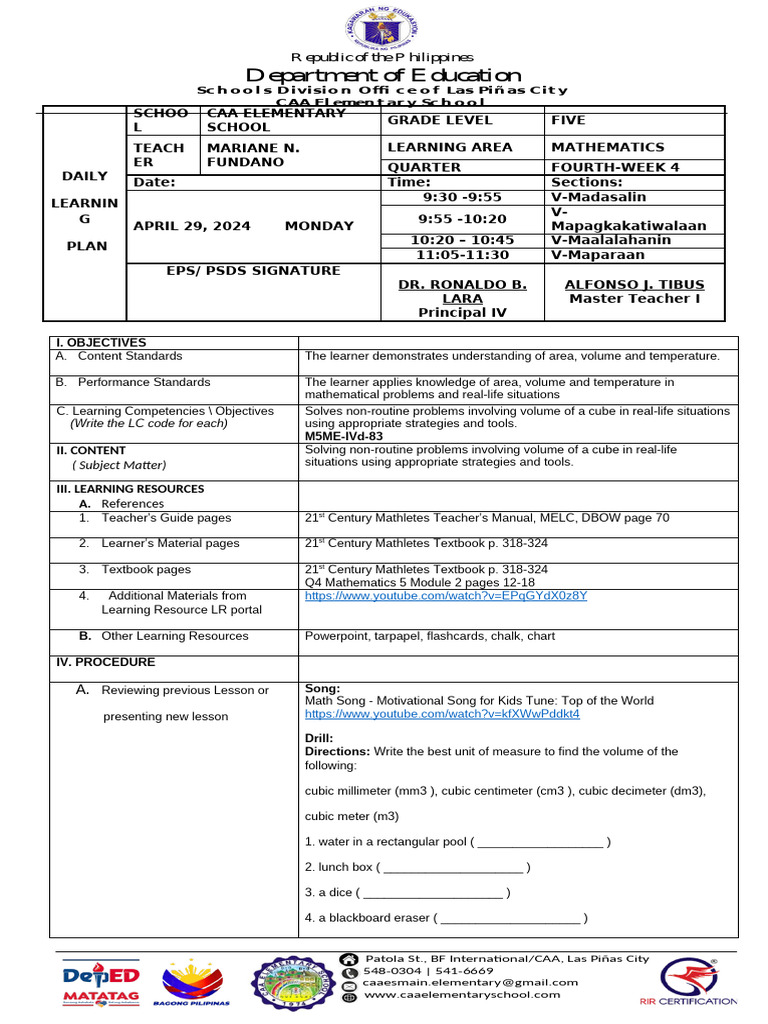 Grade 5 Mathematics Daily Learning Plan | PDF | Learning | Volume