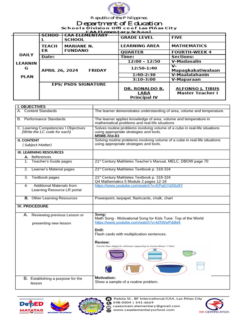 Grade 5 Mathematics Daily Learning Plan | PDF | Learning | Volume