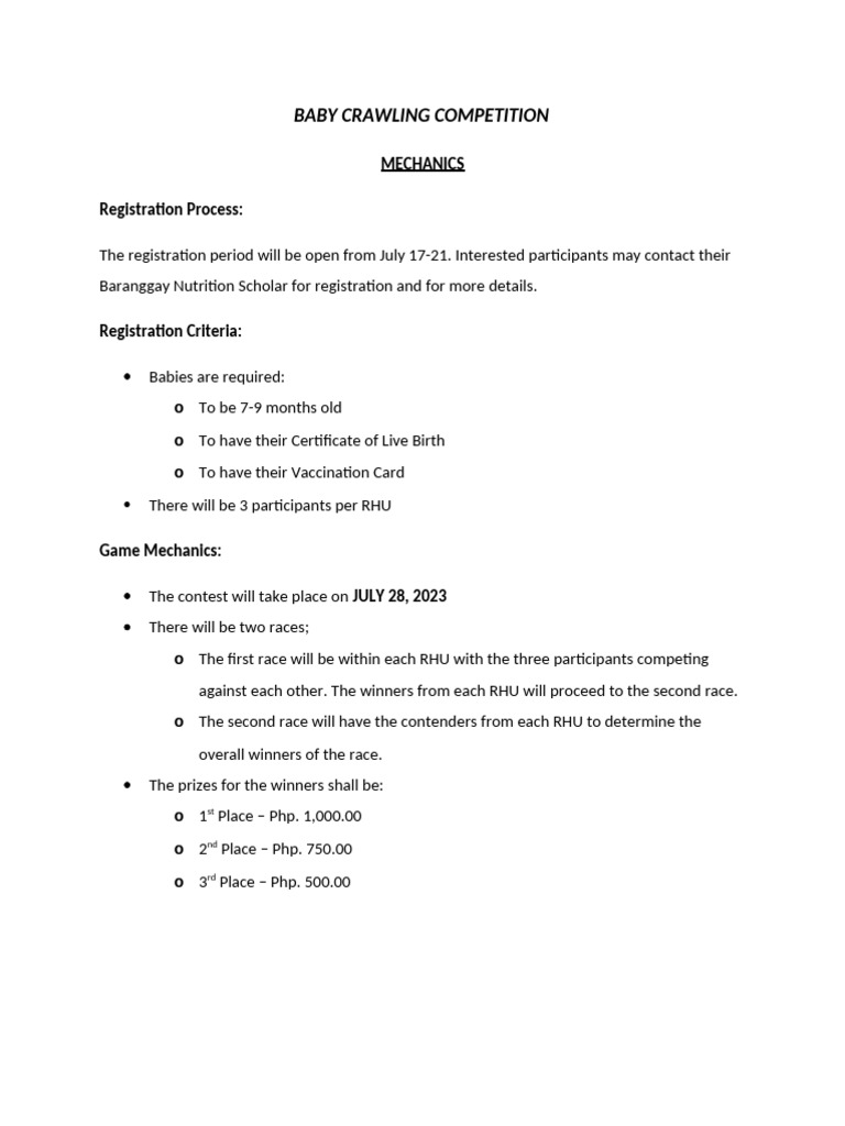 Baby Crawling Competition Mechanics | PDF
