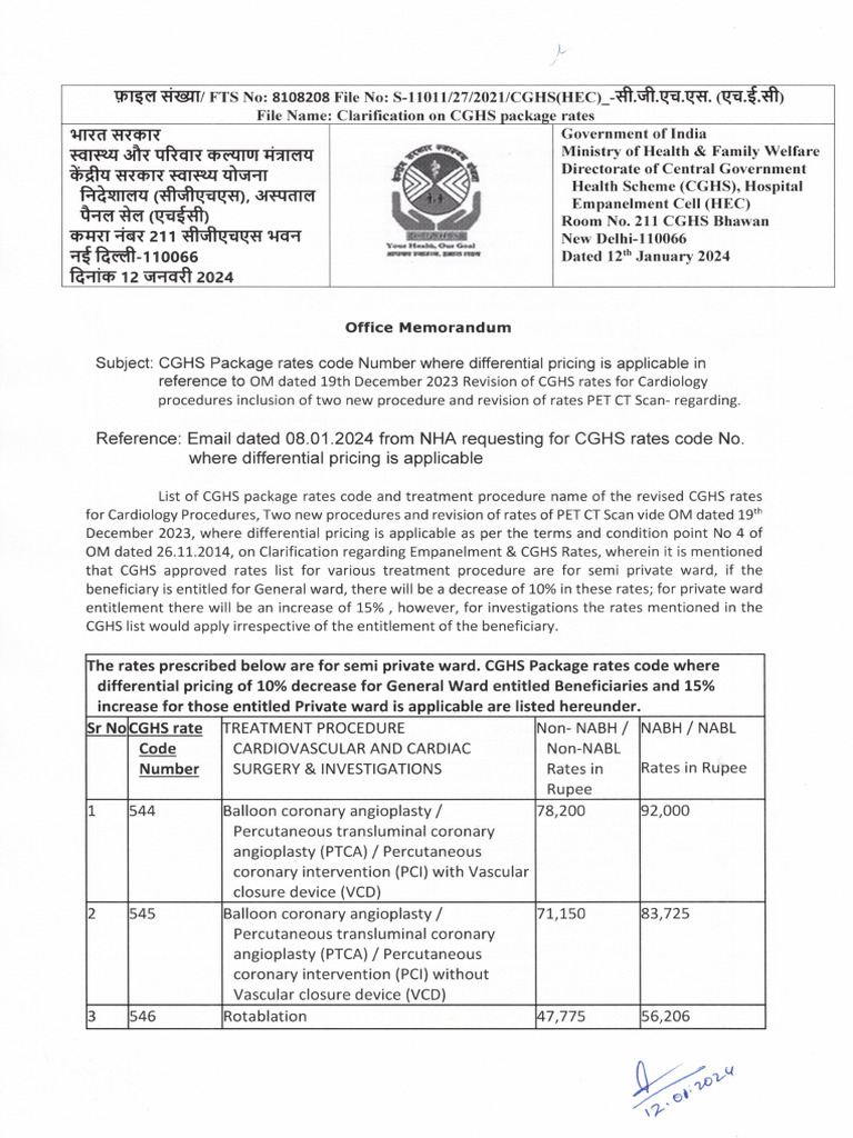 CGHS Cardiology Rates Update 2024 | PDF | Percutaneous Coronary ...