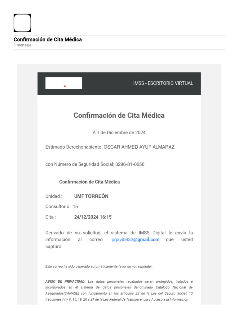 Confirmación de Cita Médica IMSS | PDF | Correo