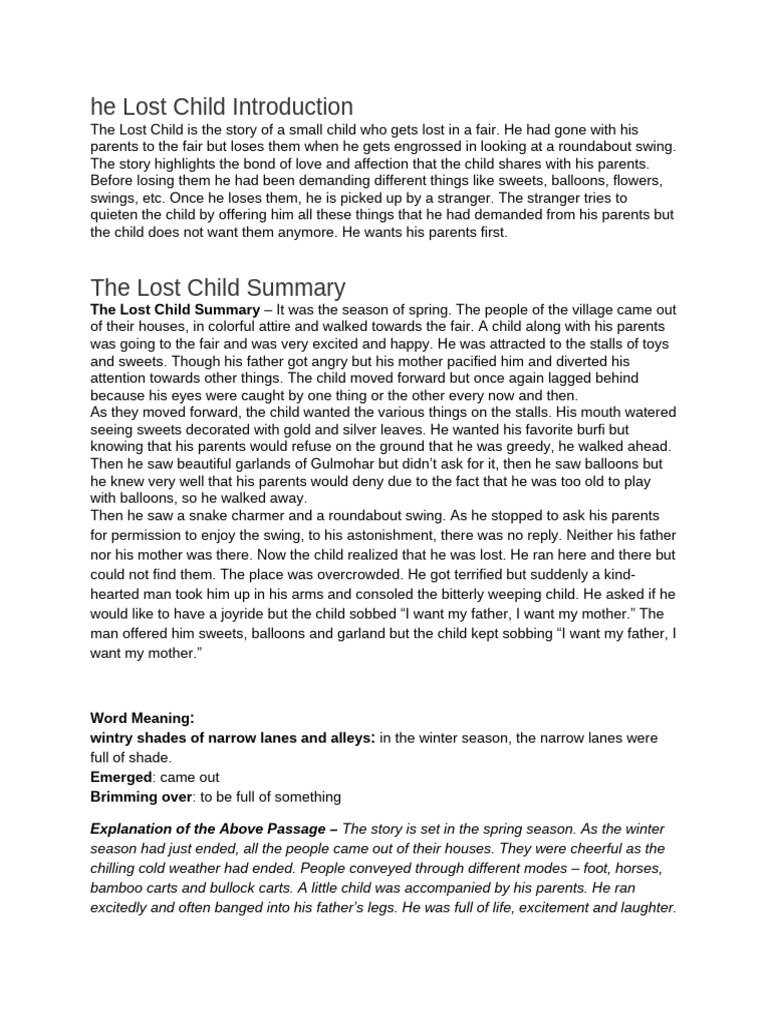 The Lost Child: Summary and Analysis | PDF | English Grammar | Verb