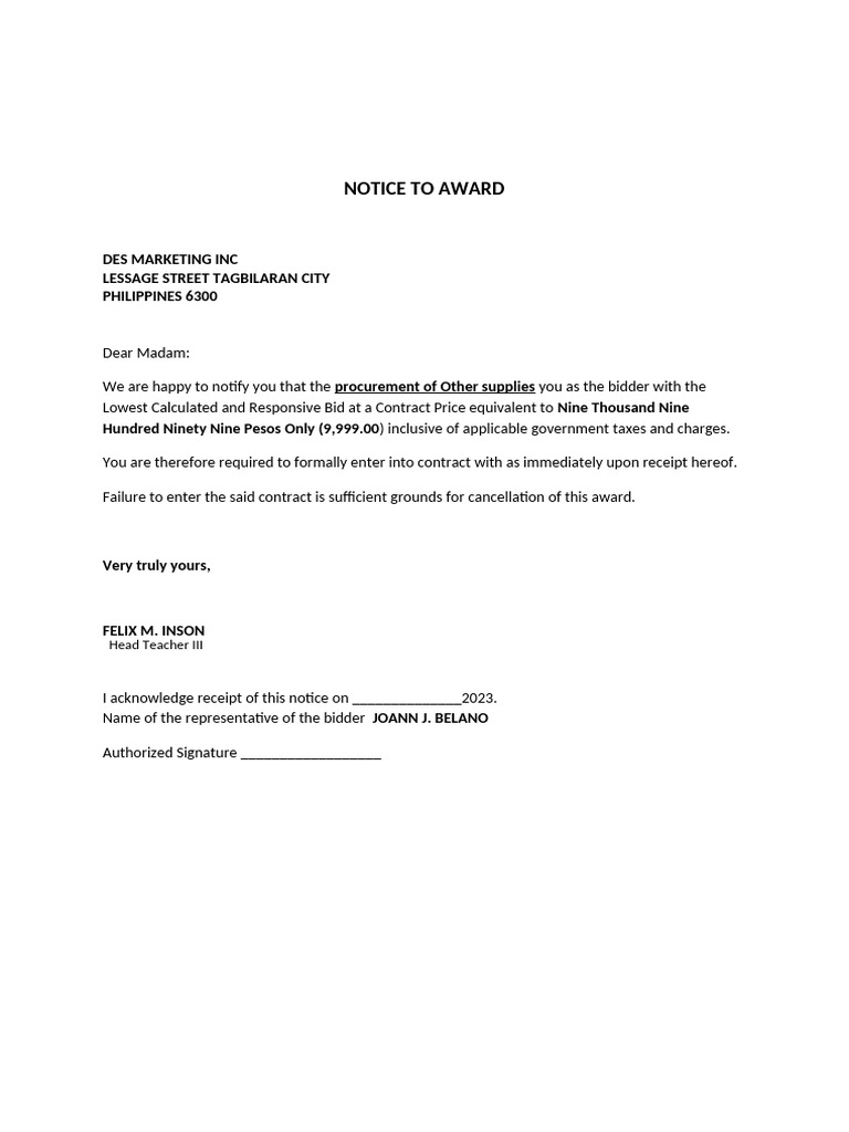 Notice of Award for Supplies Contract | PDF
