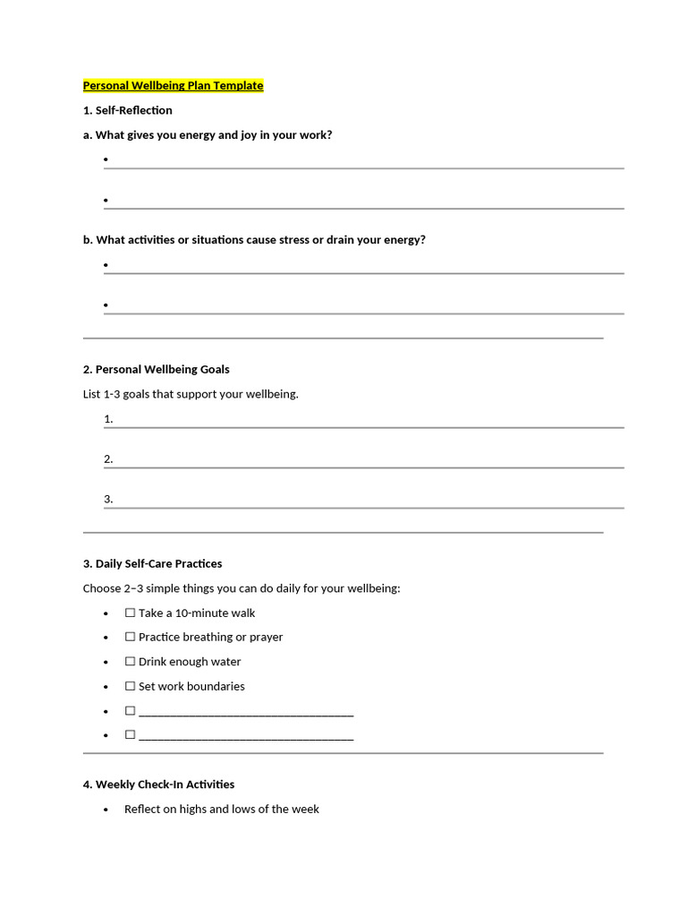 Personal Wellbeing Plan Template | PDF