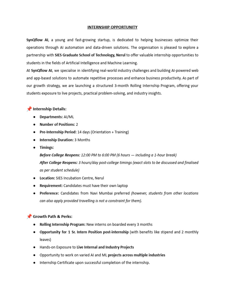 Internship in AI/ML at SynQflow AI | PDF | Artificial Intelligence ...