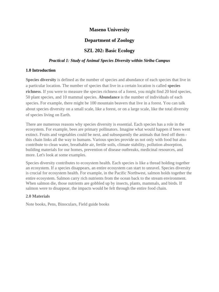 Basic Ecology Practical 1 Manual | PDF | Biodiversity | Ecosystem