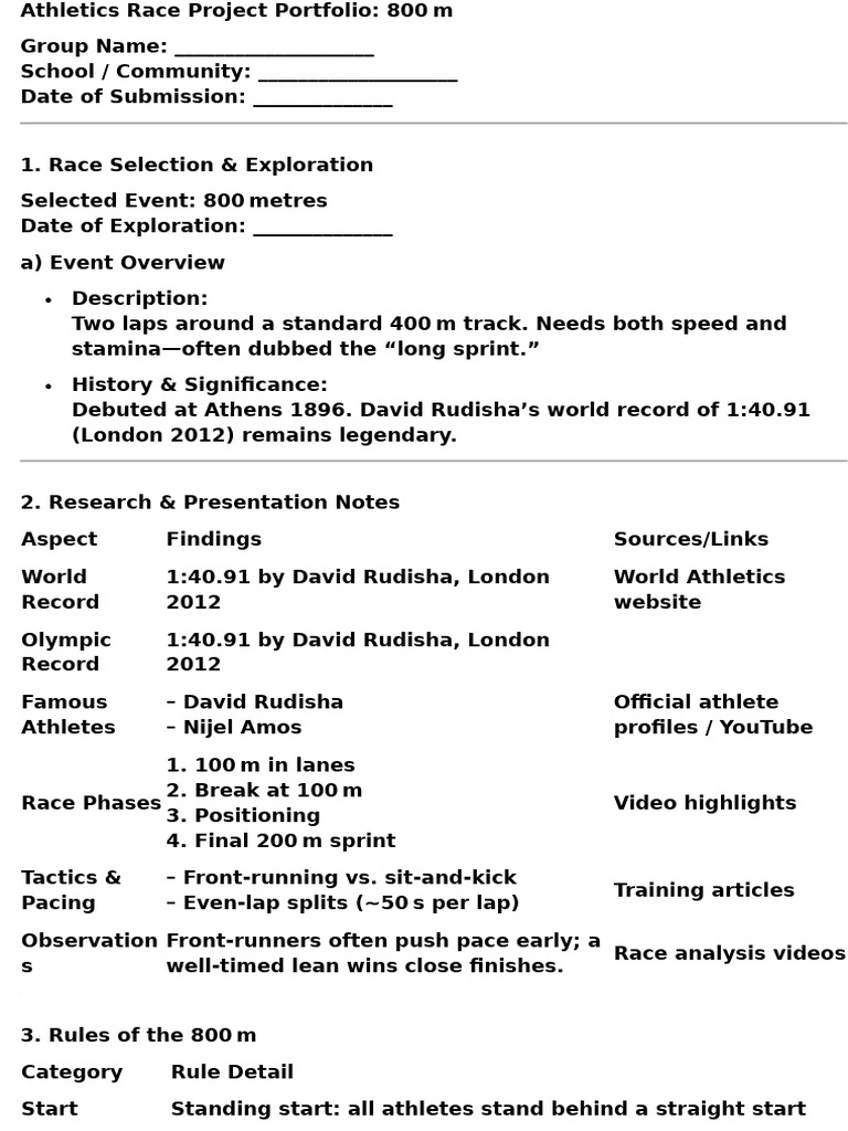 800m Athletics Race Project Overview | PDF