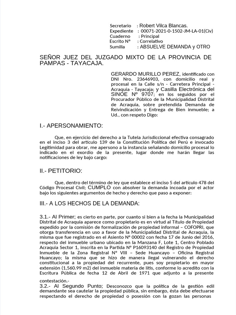 Absolve Demanda de Reivindicación Inmueble | PDF | Propiedad | Posesión ...