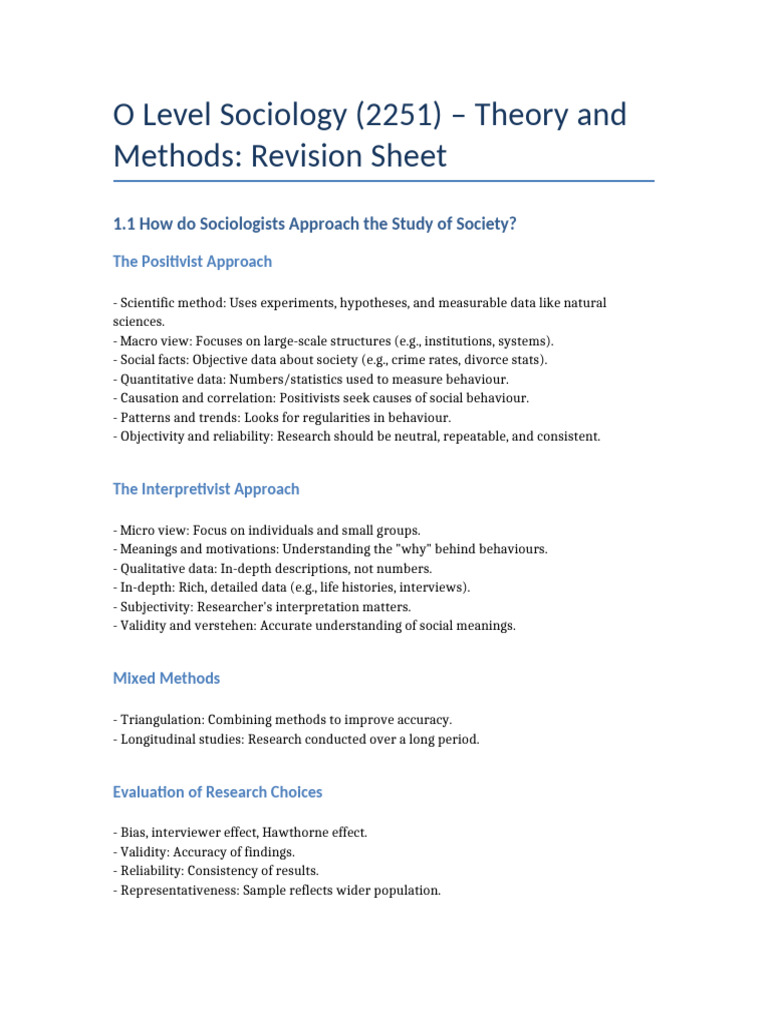 O Level Sociology: Theory & Methods Guide | PDF | Sociology | Statistics