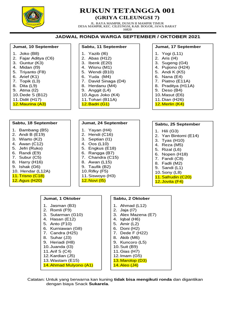 Jadwal Ronda Warga Cileungsi 2021 | PDF