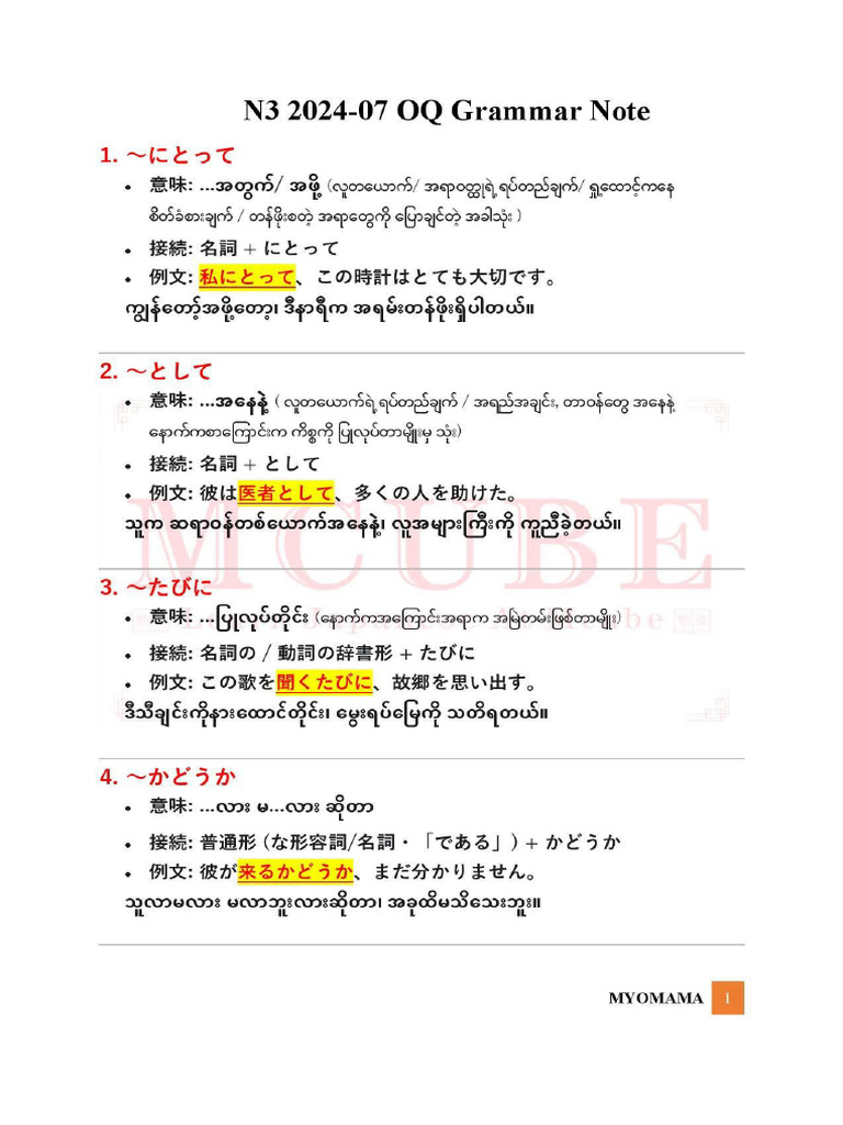 JLPT N3 2024 July Grammar Note by MCube | PDF
