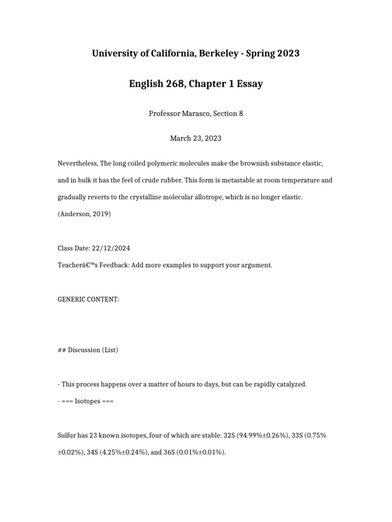 English 268 Chapter 1 Essay | PDF | Sulfur | Physical Sciences