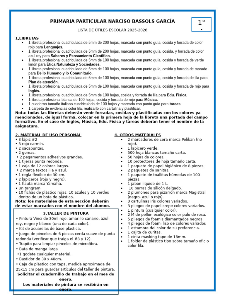 Lista de Útiles 2do Grado Primaria 2025-2026 | PDF