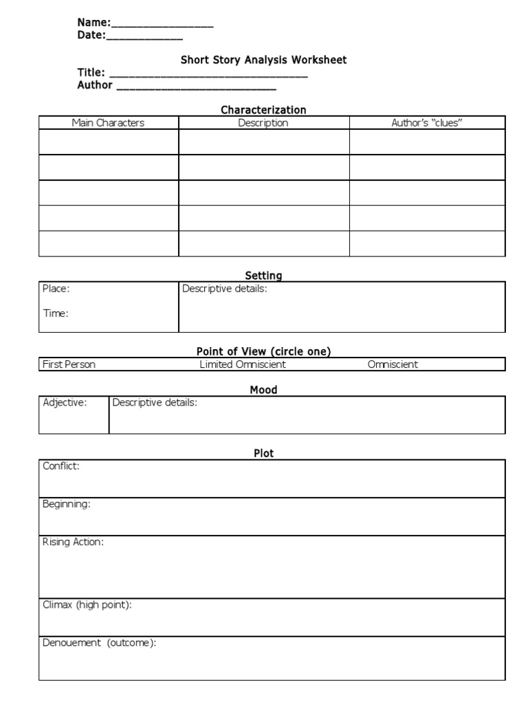 Short Story Analysis Worksheet PDF Narration