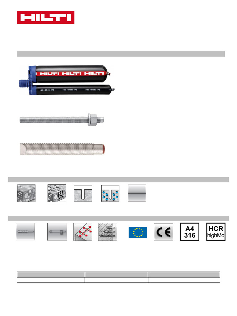 Chumbador Químico Hilti HIT-HY 170 | PDF | Resistência dos materiais | Aço
