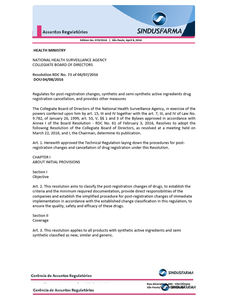 RDC 73/2016: Post-Registration Changes | PDF | Specification (Technical ...