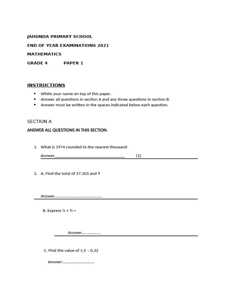 Grade 4 Maths Exam Paper 2021 | PDF | Mathematics