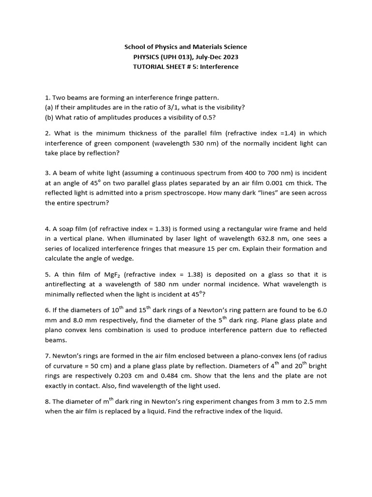 Interference Tutorial Sheet for Physics | PDF