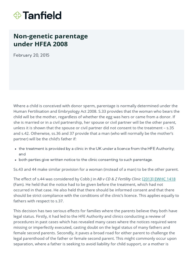 Non-Genetic Parentage Under HFEA 2008 - Tanfield - 2025-07-10 | PDF ...