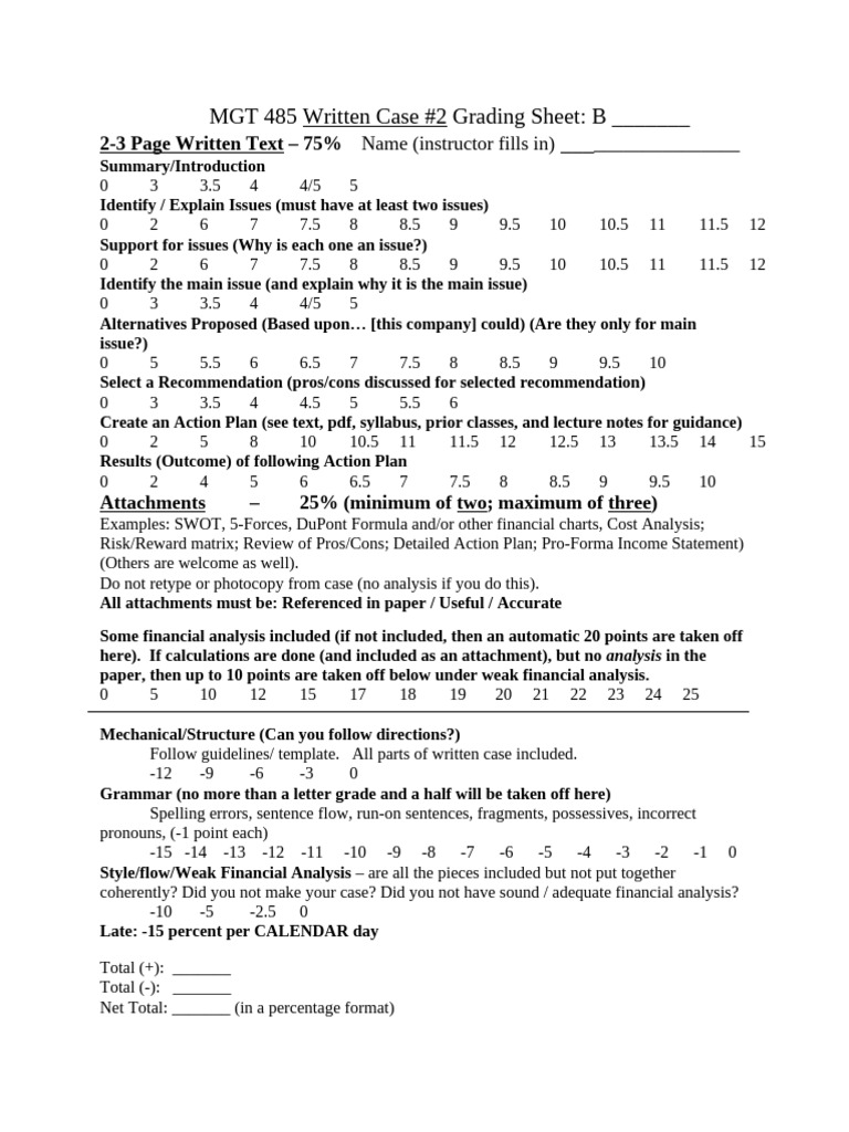 MGT 485 Case #2 Grading Criteria | PDF