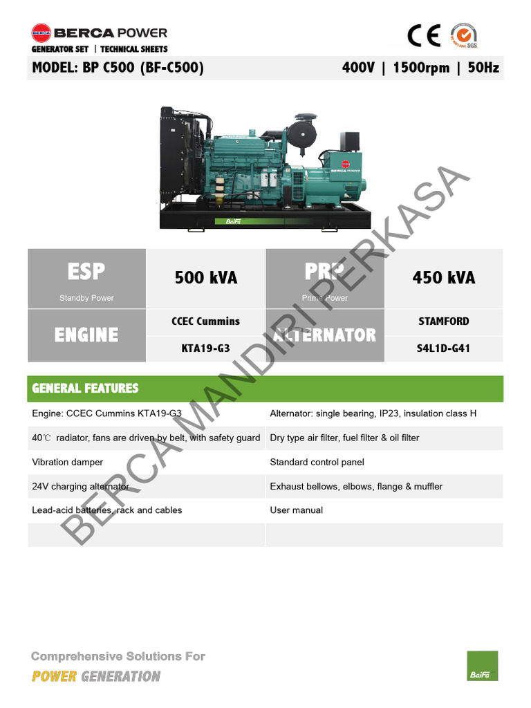 BP C500 Generator Specifications | PDF | Electric Generator | Engines