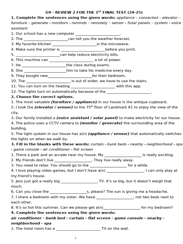 G9 Final Test Review: Vocabulary Exercises | PDF