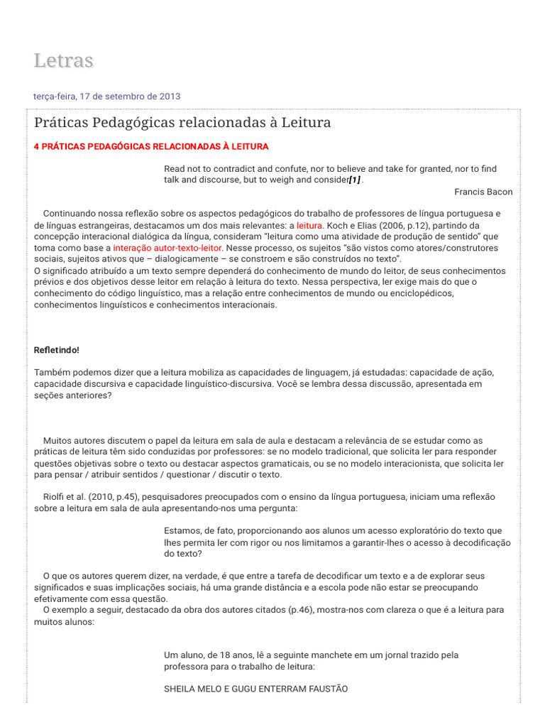 Letras - Práticas Pedagógicas Relacionadas À Leitura | PDF | Pensamento ...