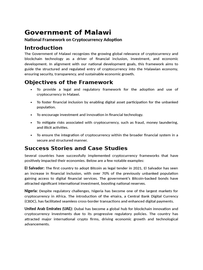 Government of Malawi - National Framework On Cryptocurrency Adoption | PDF  | Cryptocurrency | Financial Inclusion