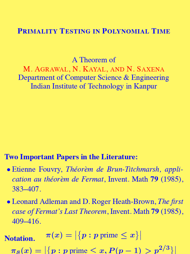 Polynomial-Time Primality Testing Algorithm | PDF | Arithmetic | Prime ...