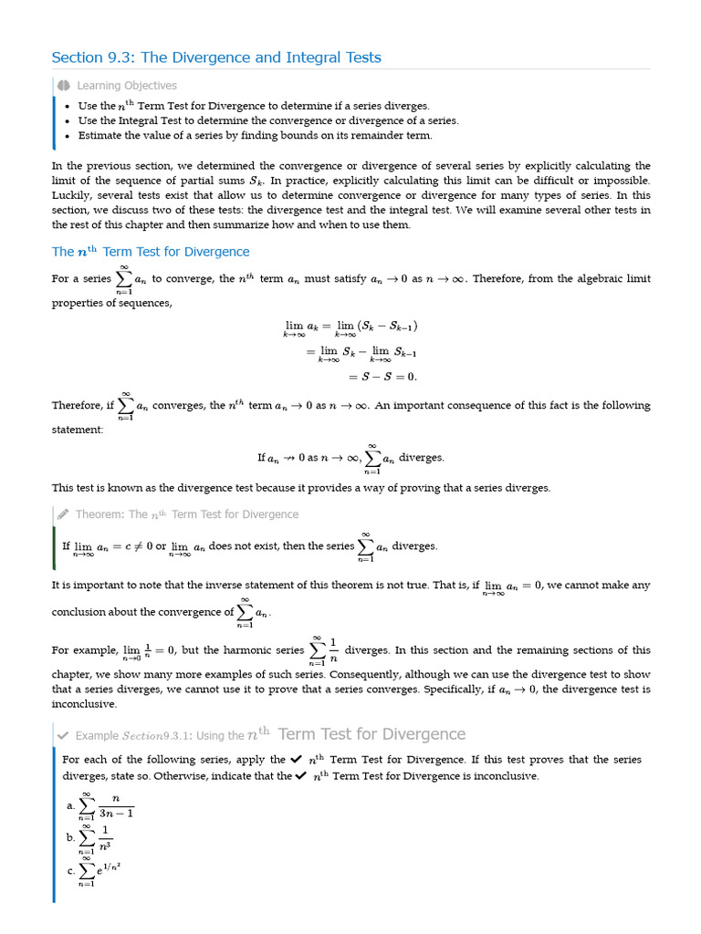 Section 9.3 - The Divergence and Integral Tests - Mathematics ...